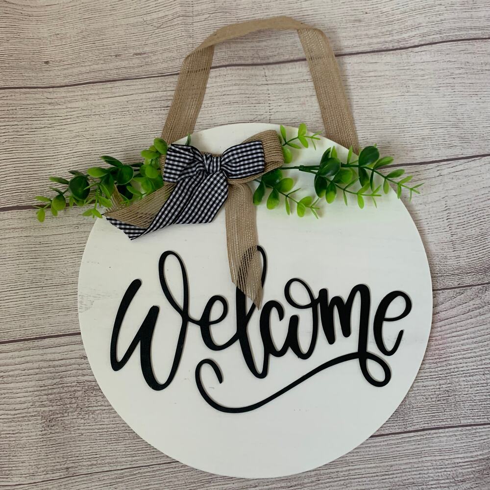 White Wooden Round Welcome Sign Artificial Greenery Gingham Bow 12x12"
